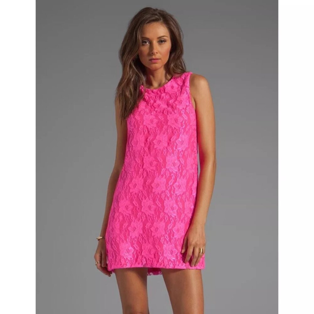 Naven Neon Pink Sleeveless Mesh Knit Floral Pattern Twiggy Mini Dress Size XS